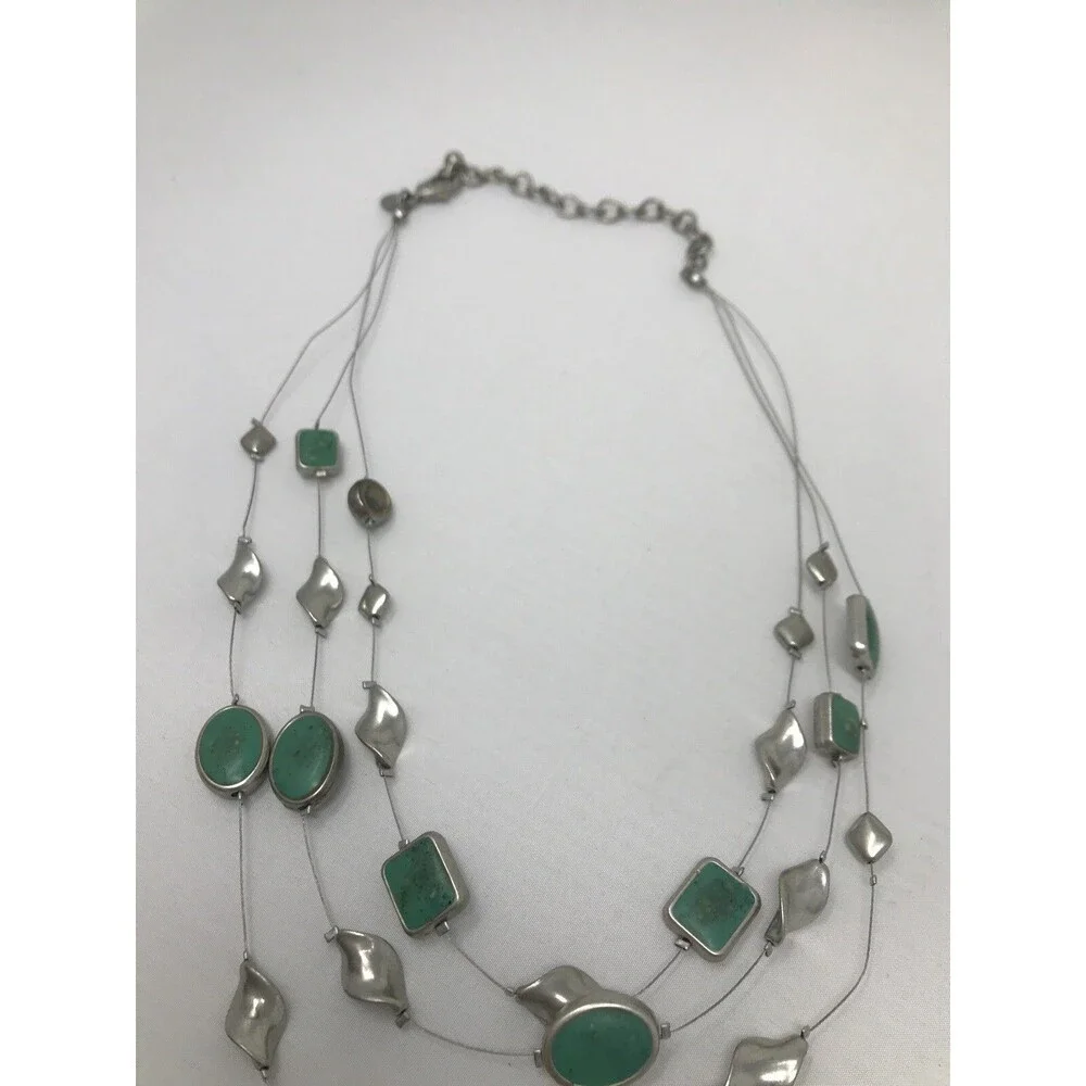 CHICO'S Necklace Greenish Blue Teal Multi Strand Floating Silver Tone